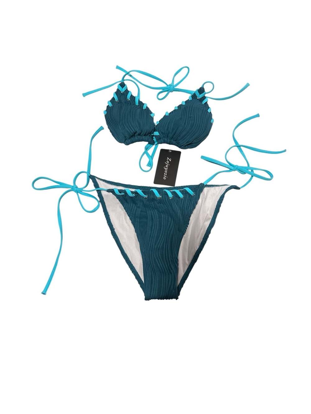 Zojuyozio Teal Ribbed Lace-Up Bikini Set Size L